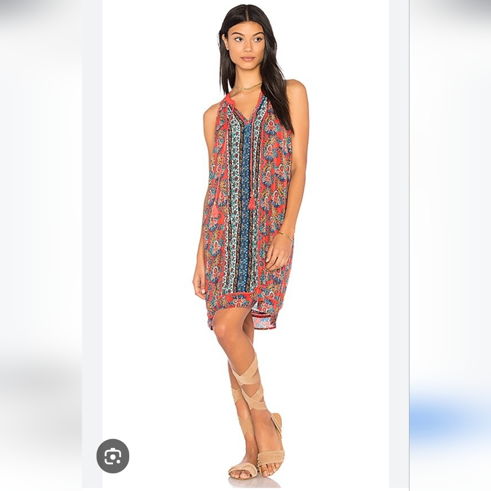 TOLANI Savannah 100% SILK Dress Coral/Teal Sleeveless V-neck Tassel Ties Sz SM